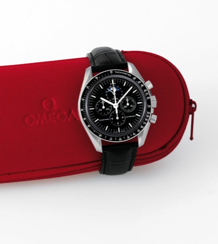 Omega Speedmaster Moon Phase.Omega, Speedmaster Professional, movement.No. 77228078, Ref. 35765000. Made in the 2000s..Fine, asymmetric, water-resistant, stainless steel wristwatch.with round button chronograph, moon phases, date.registers, tachometer and