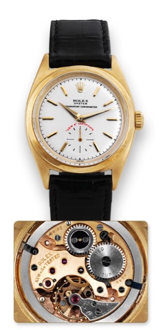 Rolex Ref. 6210 Kew A Certificate.First Series.Rolex, Oyster, Observatory Chronometer, Kew A.Certificate, movement No. 4157, case No. 97476, Ref. 6210..Made in only 24 examples in 1954..Very fine, extremely rare and historically important.18K yellow gold 