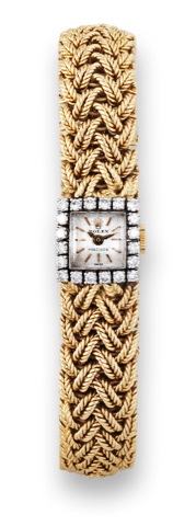 Rolex, Precision, case No. 1268589, Ref. 3031..Made in the 1950s..Fine, square, 18K yellow gold and diamond lady