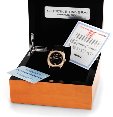Panerai Pink Gold Radiomir PAM 103.Officine Panerai, Firenze 1860, Radiomir, No. E088/ 500.case No. BB1050546, Ref. OP 6564. Made in a limited edition.of 500 examples in 2002..Very fine, large, cushion-shaped, self-winding, water-resistant.18K pink gold w