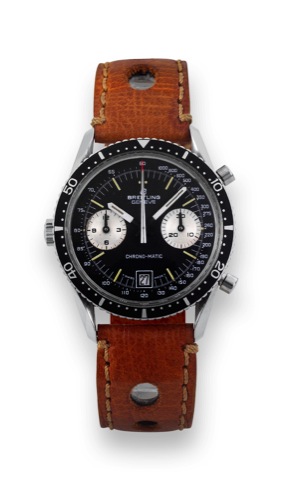 Breitling, Geneve, Chrono-Matic, No. 1443189, Ref. 2130. Made in 1977..Fine,center seconds, self-winding, water-resistant, stainless steel wristwatch with round button chronograph.register, date, tachometer, with winding crown at 9 and the chronograph pus