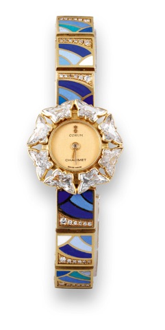 Corum for Chaumet _ Diamond Butterflies.Corum, Swiss, No. 370000, retailed by Chaumet. Made circa.1990..Very fine and elegant, 18K gold and champleve enamel, lady