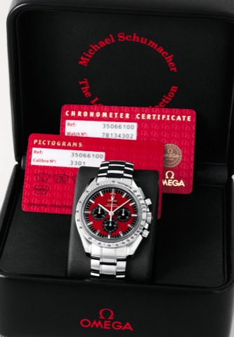 Omega Speedmaster - Michael Schumacher.- The Legend Co llection.Omega, Speedmaster, Automatic, Chronometer, case.No. 78134302, Ref. 3506.61. Sold in March 2010..Fine, self-winding, water-resistant, stainless steel chronometer.wristwatch with round button 