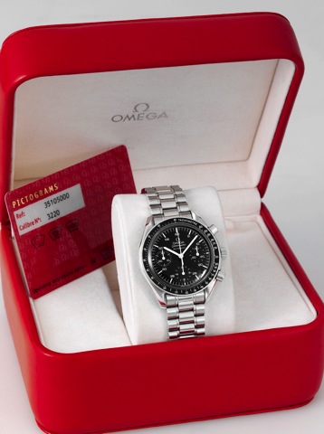 Omega - Steel- Speedmaster.Omega, Speedmaster Automatic, case No. 59779529.Ref. 351050. Made circa 2008..Fine, asymmetric, self-winding, water-resistant, stainless.steel wristwatch with round button chronograph, registers.tachometer and an Omega stainless