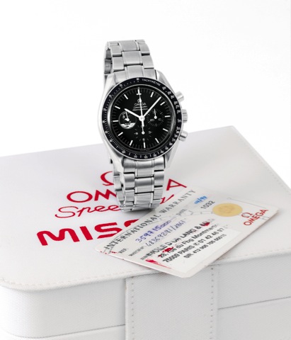 Apollo XI.Omega, Speedmaster Professional, case No. 48369291.Ref. 345.0022. Made on April 29th, 1998, sold in 1998..Fine and rare, asymmetric, water-resistant, stainless steel.wristwatch with round button chronograph, registers.tachometer, Apollo XI emble