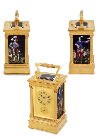 French _ Carriage Clock with Limoges Enamel Panels.French, No. 2397, retailed by Miller Sons, Piccadilly (London). Made circa 1895..Extremely fine and very rare, gilt-brass, 8-day going, hour and half-hour striking.and repeating carriage clock with Limo