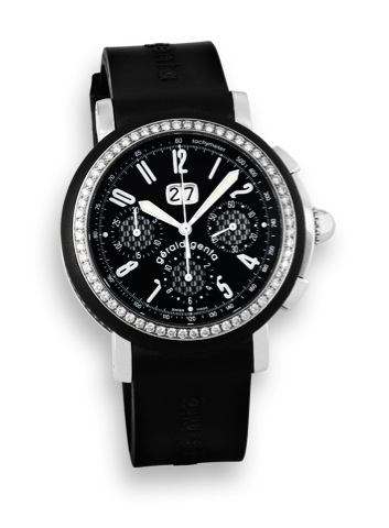 Gerald Genta Chrono Sport with.Diamonds.Gerald Genta, Chrono Sport Diamonds, case No. 106761.Ref. CHS.X.10. Made circa 2005..Very fine, self-winding, water-resistant, stainless steel.and rubber, diamond-set wristwatch with square button.chronograph, regis