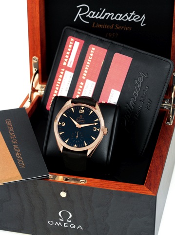 Omega Pink Gold Railmaster XXL.Limited Edition.Omega, Railmaster - Chronometer, No. 072/157.movement and case No. 80799180, Ref. 221.534.910. Made.in a limited series of 157 examples in 2007 to celebrate the.50th anniversary of the Railmaster launch..Fine