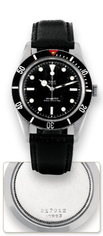 Tudor submariner Ref. 7923.Tudor Oyster, 100m/330ft, case No. 217912, Ref. 7923..Made circa 1955..Very fine and rare, center seconds, water resistant.stainless steel diver's wristwatch..To be sold without reserve