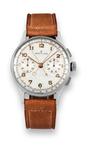 Breitling Split Chronograph, case No. 768828.Ref. 783. Made in 1950..Very fine and rare, stainless steel wristwatch with square.button split-chronograph, register and tachometer..Accompanied by fitted box.