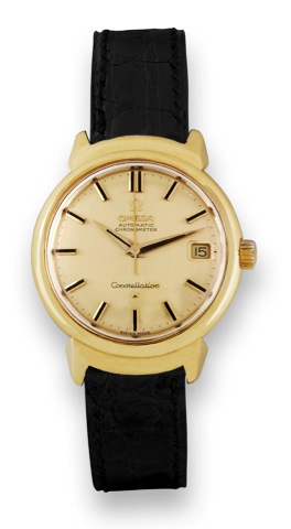 Omega, Ref. 14398 Yellow Gold.Omega, Automatic, Chronometer, Constellation, movement.No. 18189930, case No. 554190, Ref. 14398 SC. Made.in 1961..Fine and rare, center seconds, water resistant, self-winding.18K yellow gold wristwatch with date and a gold p
