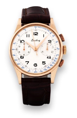 Breitling Chronograph.Ref. 172. Made in the 1950s..Fine, 18K pink gold wristwatch with.square button chronograph, register.and tachometer and an 18K pink gold.Breitling buckle.