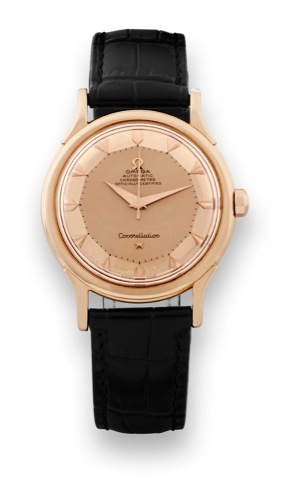 Omega, Ref. 2652 SC -.Monochrome Pink Gold.Omega, Automatic Chronometre.Officially Certified, Constellation.movement No. 13791045, case No..11206375, Ref. 2652SC. Made in 1952..Very fine, center-seconds, water.resistant, self-winding, 18K pink gold.chrono