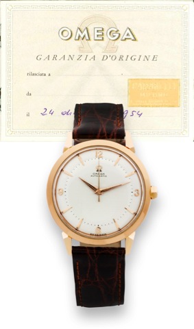 Omega Ref. 2737SC Pink Gold.Omega, Automatic, movement No. 14038259, case.No. 11317249, Ref. 2737 SC. Made in 1954. Sold on.December 24th, 1954..Fine, center seconds, water resistant, 18K pink gold.wristwatch with an 18K pink gold Omega buckle..Accompanie