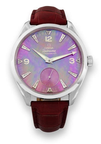Omega Mother of Pearl and Diamond.Railm aster XXL.Omega, Railmaster - Chronometer, movement and case.No. 80826039, Ref. 28067740. Sold in 2005..Fine and rare, oversized, water resistant, stainless steel.and diamond chronometer wristwatch with a stainless 