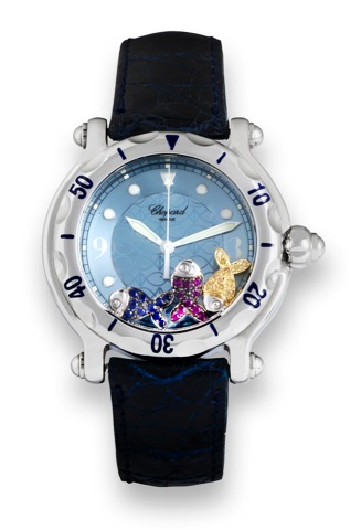 Chopard, Steel Happy Sport Fish..Chopard, Geneve, Happy Sport, case No. 954244.Ref. 28/8347.Sold on October, 10th 2002..Fine and unusual, water-resistant, center seconds, stainless.steel quartz lady