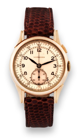Longines Pink Gold Second Flyback.Single-Button Chronograph.Longines, Brevet, movement No. 7020545, case.No. 7020545, Ref. 5680. Sold on March 15th, 1947..Very fine and rare, 18K pink gold wristwatch with singlebutton.second flyback chronograph.