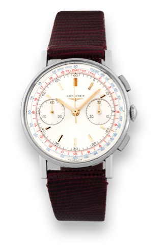 Longines, Cal. 30CH, Retour en Vol.Chronograph.Longines, movement No. 13333134, case No. 74123365.Ref. 7412. Sold on November 30th, 1967..Fine, stainless steel wristwatch with square button Retour.en Vol chronograph, register, tachometer and telemeter.