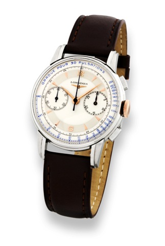 Longines, Cal. 30CH, Steel Flyback, Medical Chronograph.Longines, movement No. 7736087, case No. 5966133, Ref. 5966. Sold on December 17th.1948..Very fine and very rare, stainless steel wristwatch with square button Retour en Vol.chronograph, register, pu