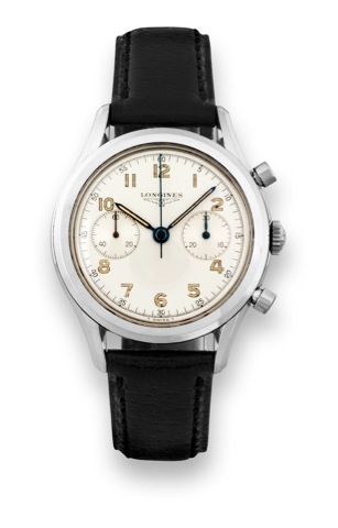 Longines Cal. 30CH Retour en Vol.Chronograph.Longines, Chronograph, movement No. 14262277, case.No. 65926, Ref. 6592. Sold on November 14th, 1968..Fine and rare, water resistant, anti-magnetic, stainless.steel wristwatch with round button fly-back chronog