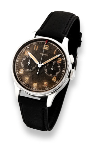 Longines Steel Monopoussoir Chronographe.Longines, movement No. 5457387, case No. 5457387. Sold on October 11th, 1937..Fine and very rare, Staybrite stainless steel pilot