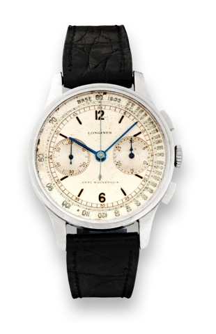 Longines, Cal. 13ZN.Retour en Vol Chronograph.Longines, movement No. 6117392, case No. 2138918.Ref. 3757. Sold on March 3rd, 1942..Fine and rare, stainless steel Staybrite wristwatch with.square button Retour en Vol chronograph, register and.tachometer.
