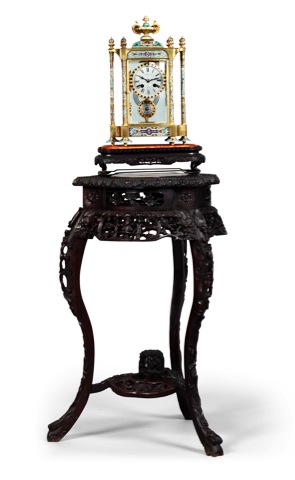 Champlev_ Enamel Table Clock.Table for The Chinese Market.Japy Freres, Paris, No. 4845, retailed by P. Kierulff Co..Peking. Made for the Chinese market, circa 1890..Fine and rare, gilt-brass, champlev_ enamel and paste-set.8-day going, hour and half-hou