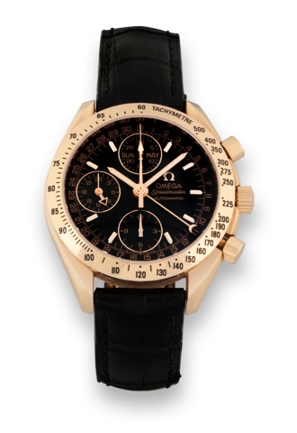 Omega Pink Speedmaster Day-Date.Omega Speedmaster Day-Date, Automatic, case No..58952993, Ref. 175.0084. Made in 2001..Fine, self-winding, water-resistant, pink gold wristwatch.round button chronograph, registers, tachometer, 24 hours.triple date and a go