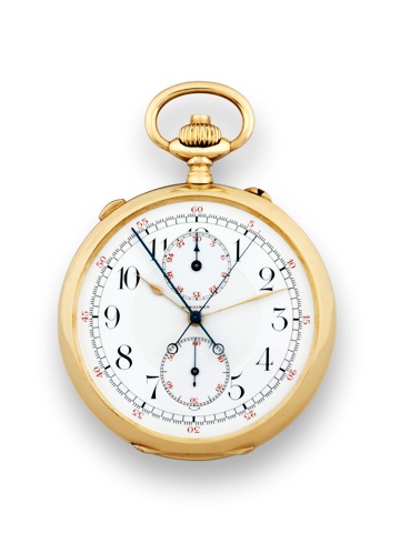 Longines Gold Chronographe Rattrapante.Longines, Chronographe Rattrapante, No. 2633125. Made circa 1915..Very fine, 18K gold, keyless pocket watch with split-seconds chronograph and instantaneous 30-minute register.