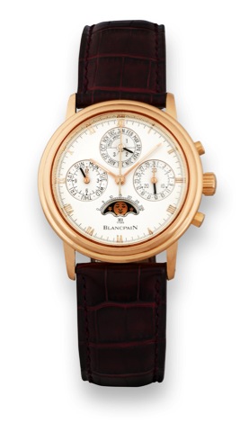 BLANCPAIN PINK GOLD CHRONOGRAPHE.CALENDRIER PERPETUEL.Blancpain, Chronograph Perpetual Calendar, case No. 8.Ref. 5585. Made in the 1990's..Fine and rare, self-winding, water-resistant, 18K pink gold.wristwatch with round button chronograph, registers.perp