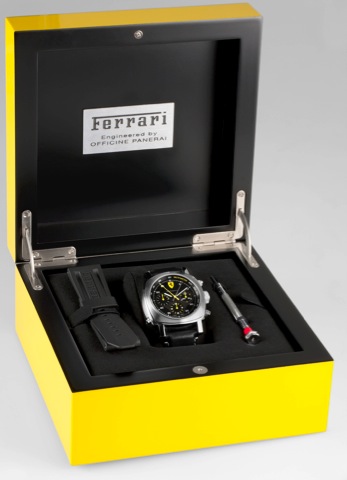 Ferrari _Rattrapante FER00010.Ferrari Engineered by Officine Panerai, Scuderia.Rattrappante, No. F A 243/500, case No. BB 1191061.Ref. F 6657. Made in a limited series of 500 examples.sold on February 20th, 2007..Fine, cushion-shaped, large, water resista