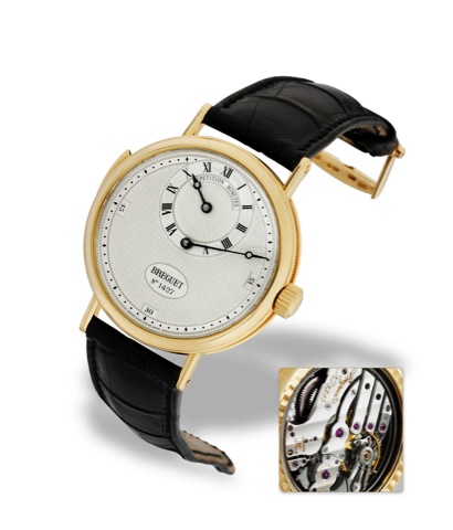 Breguet R_p_tition Minutes, made in 6 examples.Breguet, R_p_tition Minutes, No. 1427, movement No. 3305, Ref. 3187. Made in a limited.edition of 6 examples in 1997..Very fine and rare, minute-repeating, 18K yellow gold wristwatch with regulator dial and a