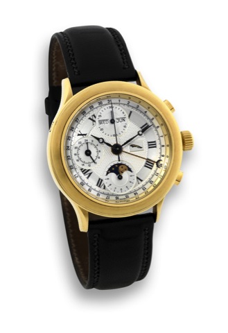 RGM for Jaguar.RGM, Ref. 101 M. Made for Jaguar in the 1990's..Very fine, astronomic, self-winding, water-resistant, 18K.yellow gold wristwatch with round button chronograph.registers, triple date, 24 hour indication, moon phases.and age of the moon. Acco