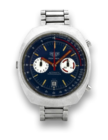Heuer - Steel - Montreal.Heuer, Montreal, Automatic, Chronograph, Ref. 110.503B..Made circa 1974..Fine, tonneau-shaped, water resistant, self-winding, stainless.steel wristwatch with round button chronograph, registers.date, tachometer, pulsometer and a s