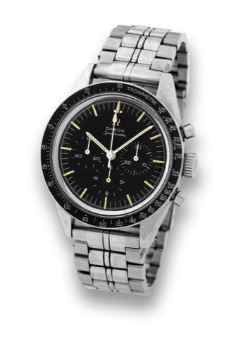 OMEGA _STEEL SPEEDMASTER ED WHITE.Omega, Speedmaster, No. 19834854, Ref. S 105002-62..Made circa 1965..Fine and unusual, water-resistant, stainless steel.wristwatch with round button chronograph, 12-hour.and 30-minute registers, tachometer and an associat