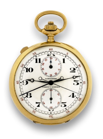 Longines Gold Chronograph Rattrapante.Longines, retailed by Cuervo y Sobrinos, No. 4422144..Made circa 1920..Very fine, 18K gold, keyless pocket watch with splitseconds.chronograph and instantaneous 30-minute.register.