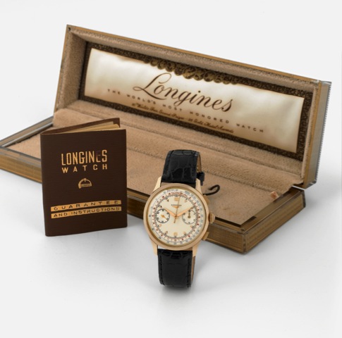 Longines Cal. 30CH, Retour en Vol.Longines, No. 11537914, Ref. 5967. Made circa 1950..Very fine and rare, large, 18K pink gold wristwatch with square button chronograph, semi-instantaneous 30-minute register.telemeter, tachometer and a gold-plated Longine