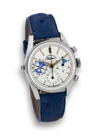 HEUER - RETAILED BY ABERCROMBIE FITCH.Heuer, Swiss, retailed by Abercrombie Fitch Co., made.circa 1960..Fine, water-resistant, stainless steel wristwatch with round.button chronograph, registers and memo-dial.