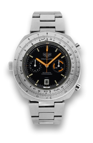 Heuer Calculator, Automatic.Chronograph.Heuer, Calculator, Automatic Chronograph, Ref. 110633..Made in the 1970's..Fine and unusual, oversized, tonneau-shaped, water-resistant.self-winding stainless steel left-handed wristwatch with round.button chronogra