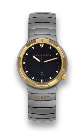 IWC - Porsche Design - Titanium - Ocean 500.International Watch Co., Schaffhausen, Porsche Design.Ocean 500, case No. 2527429, Ref. 3503. Made circa 1980..Fine, center seconds, self-winding, water-resistant, titanium.and yellow gold wristwatch with date, 