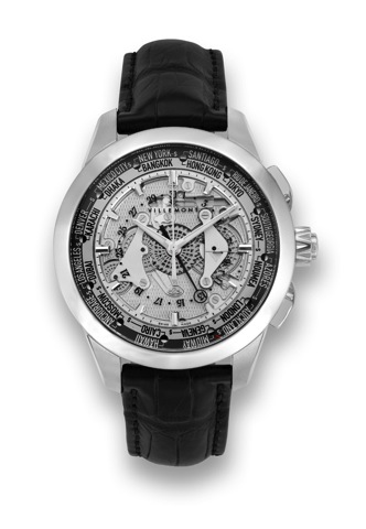 Villemont - Les Heures du Monde.Villemont, Les Heures du Monde - Wings Bridges.No. 83/88, case No. 90229. Made in a limited series of 88.examples in 2008..Fine, large, water resistant, self-winding, center seconds.stainless steel skeleton wristwatch with 
