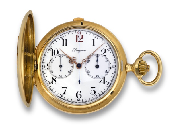 Longines _ Chronograph.Longines, Swiss, No. 3911811. Made circa 1915..Fine, keyless, 18k gold, hunting cased pocket.watch with chronograph and instantaneous.30-minute register.