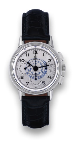 Omega, No. 9393403, Ref. CK.2279. Sold on April 4, 1941..Fine and rare, stainless steel wristwatch.with square button chronograph, 12-hour.and 30-minute registers, inner spiral.tachometer graduation for miles per.hour and outer tachometer graduation.and a