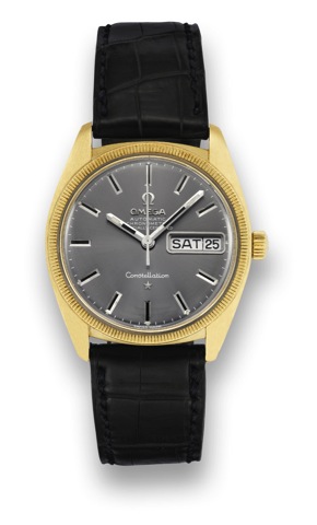 Omega, Yellow Gold Constellation.Omega, Constellation, Automatic, Chronometer, Officially.Certified, movement No. 31947626, Ref. 168029. Made.circa 1970..Fine, tonneau-shaped, water-resistant, self-winding, center.seconds, 18K yellow gold chronometer wris