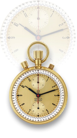 Omega Split Second Yellow Gold Olympic.Omega, Olympic, No. 1776657, Ref. 6713. Made in a small.series for the Pan American Games at Winnipeg (Manitoba.Canada) in 1966..Fine and rare, large, keyless, 18K yellow gold pocket watch.with split-seconds chronogr