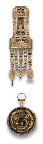 Skeletonized Watch Chatelaine.French. Made circa 1770..Very fine and very rare, 18K gold, paste-set skeletonized.pendant watch with varicolored 18K gold chatelaine, key and.seal. Accompanied by a box embossed with the initials GB.beneath a Vicomte's cor