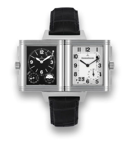 Jaeger-Lecoultre - Reverso - Grande GMT.Jaeger-LeCoultre, Reverso Grande GMT, 1000 Hours Control.Ref. 240.8.18. Case No. 2221546. Made in 2008..Very fine and rare, rectangular stainless steel, double-dial.dual time zone reversible wristwatch with 8-day po