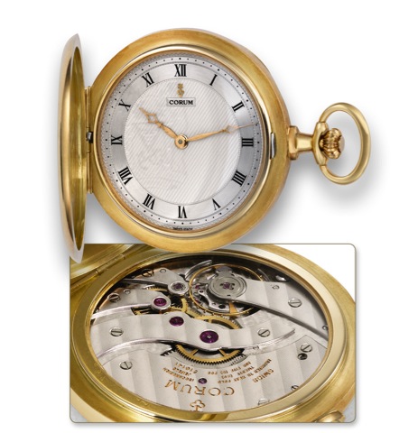 Corum 25th Anniversary Watch.Corum, Swiss, No. 83, No. 510141, case No. 527986.Ref. 6812556. Made in a limited edition in 1992..Fine and rare 18K yellow gold hunter-cased pocket watch..Accompanied by its original certificate of warranty, pouch.and origina