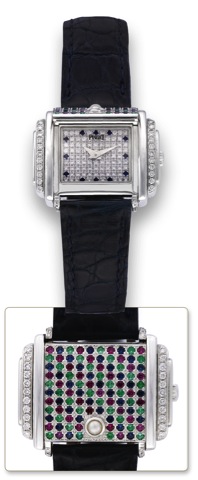 Piaget, Joaillerie, case No. 628521, Ref. 16987..Made circa 1990..Very fine, elegant, rectangular, curved, 18K white gold and.diamond lady
