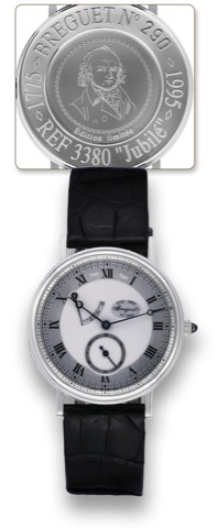 Breguet Ref. 3380 - White Gold - Jubil_.Breguet, Ref. 3380, limited edition Jubile Breguet.No. 290, Ref. 3380, Jubil_ 1775-1995. Made in a limited.edition in 1995..Very fine, 18K white gold wristwatch with power-reserve.and an 18K white gold Breguet buckl